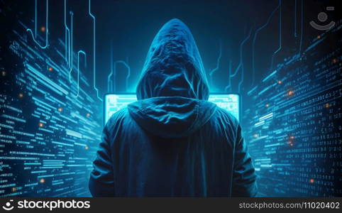 Hacker with binary code digital interface. Metaverse digital world technology. Internet crime, Hacking, and Malware concept. Generative Ai.