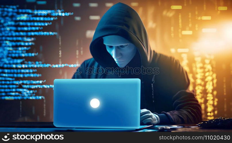 Hacker with binary code digital interface. Metaverse digital world technology. Internet crime, Hacking, and Malware concept. Generative Ai.