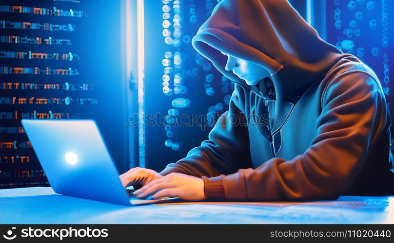 Hacker with binary code digital interface. Metaverse digital world technology. Internet crime, Hacking, and Malware concept. Generative Ai.