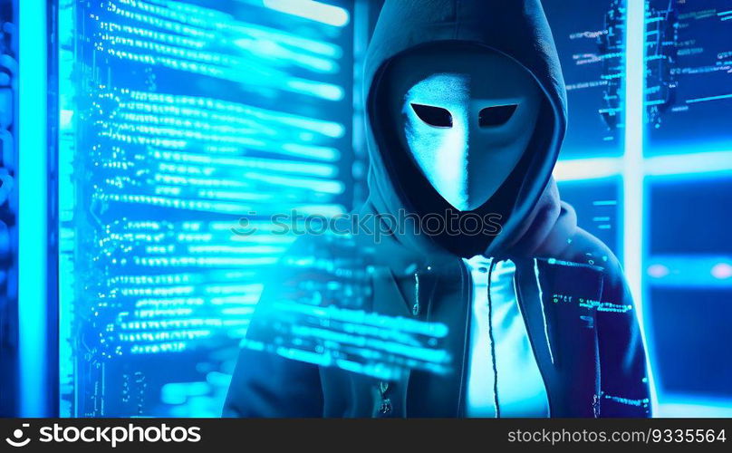 Hacker with binary code digital interface. Metaverse digital world technology. Internet crime, Hacking, and Malware concept. Generative Ai.