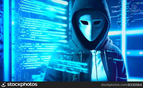 Hacker with binary code digital interface. Metaverse digital world technology. Internet crime, Hacking, and Malware concept. Generative Ai.