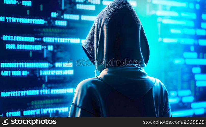 Hacker with binary code digital interface. Metaverse digital world technology. Internet crime, Hacking, and Malware concept. Generative Ai.