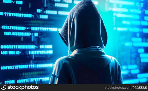 Hacker with binary code digital interface. Metaverse digital world technology. Internet crime, Hacking, and Malware concept. Generative Ai.