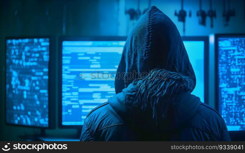 Hacker with binary code digital interface. Metaverse digital world technology. Internet crime, Hacking, and Malware concept. Generative Ai.