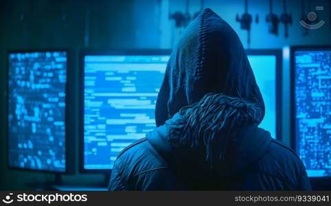 Hacker with binary code digital interface. Metaverse digital world technology. Internet crime, Hacking, and Malware concept. Generative Ai.