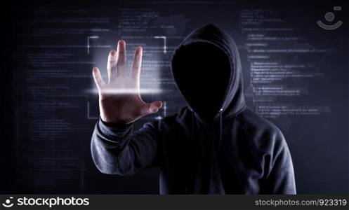 Hackers wear a cloak, not see the face, are scanning hands to hack into the system.