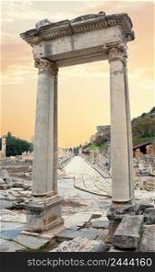 Hadrian&rsquo;s Gate at the Library of Celsus at sunset. Ephesus, Turkey. UNESCO cultural heritage. Hadrian&rsquo;s Gate at Library of Celsus at sunset