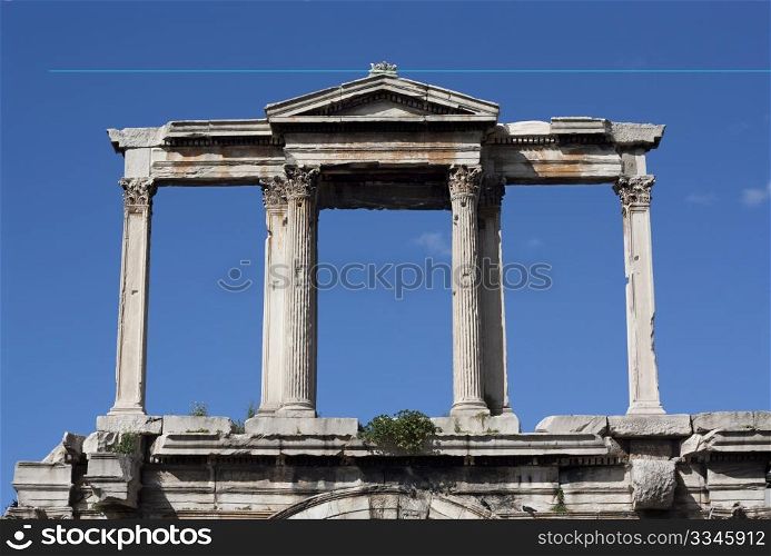 Hadrian&rsquo;s marble Arch (Pyli Adrianou) in Athens, Greece, erected by the emperor Hadrian in AD 131 to mark the division between the ancient Greek city and the modern Roman one.