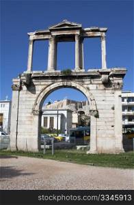 Hadrian&rsquo;s marble Arch (Pyli Adrianou) in Athens, Greece, erected by the emperor Hadrian in AD 131 to mark the division between the ancient Greek city and the modern Roman one.