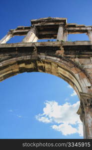 Hadrian&rsquo;s marble Arch (Pyli Adrianou) in Athens, Greece, erected by the emperor Hadrian in AD 131 to mark the division between the ancient Greek city and the modern Roman one.