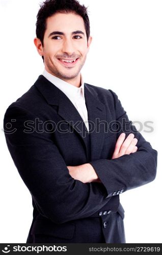 Hadsome business man with his hands folded on white isolated background