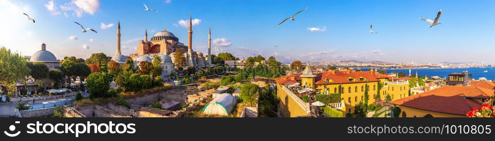 Hagia Sofia, old Turkish Hammam and the Bosphorus, beautiful Istanbul panorama.. Hagia Sofia, old Turkish Hammam and the Bosphorus, beautiful Istanbul panorama