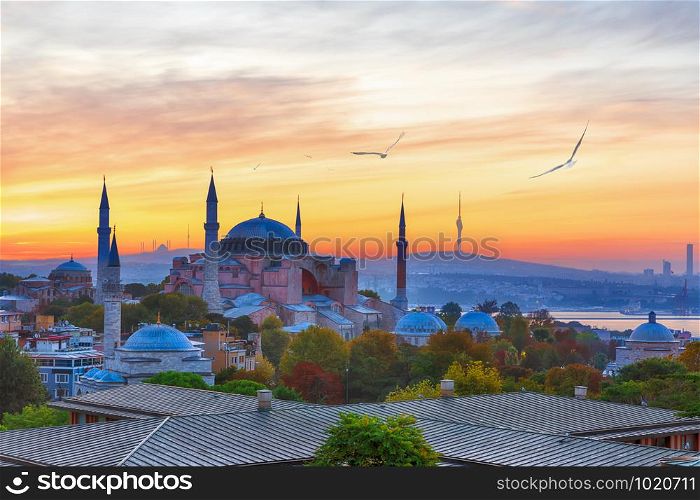 Hagia Sophia and the asian side of Istanbul on the background, sunset view.. Hagia Sophia and the asian side of Istanbul on the background, sunset view
