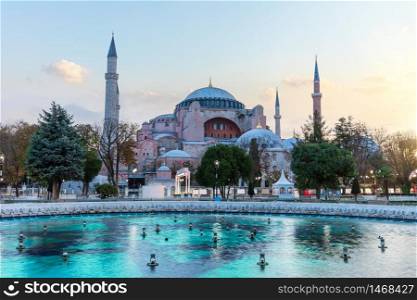 Hagia Sophia and the park fountain, Sultanahmet, Istanbul, Turkey.