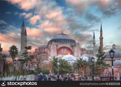 Hagia Sophia (Ayasofya) museum view from the Sultan Ahmet Park in Istanbul, Turkey. Hagia Sophia