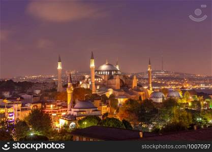 Hagia Sophia evening view, beautiful skyline of Istanbul, Turkey.