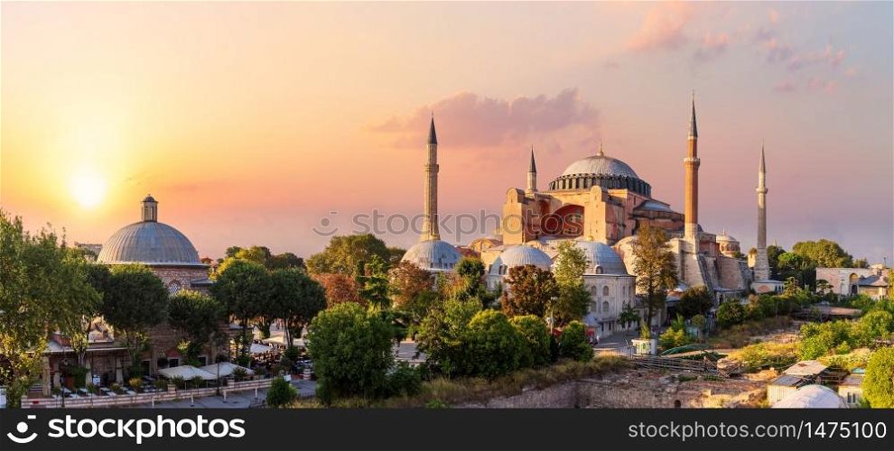 Hagia Sophia, famous landmark of Istanbul, beautiful sunset view, Turkey.