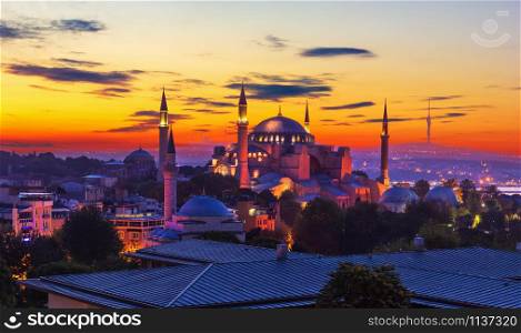 Hagia Sophia, former Mosque in Istanbul, Turkey, wonderful sunset colors.
