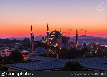Hagia Sophia in Istanbul, colorful sunset view.