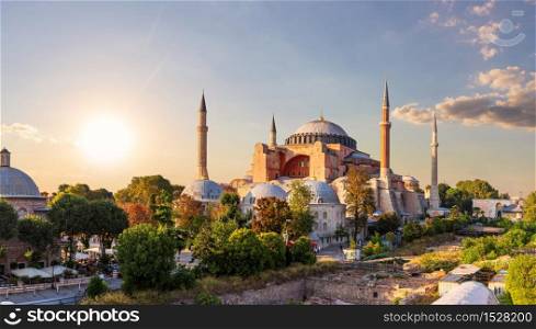 Hagia Sophia Mosque in Instanbul, Turkey, full view.