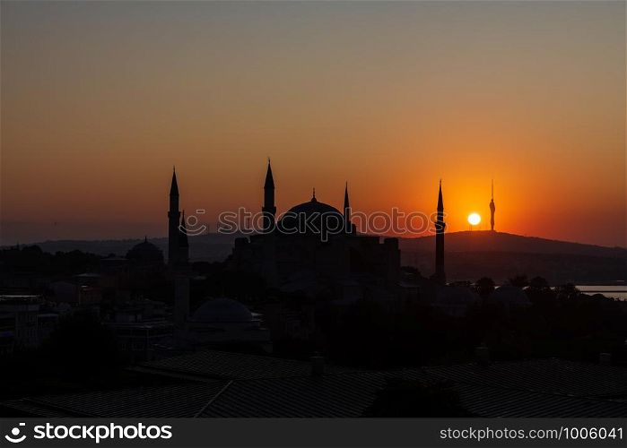 Hagia Sophia sunset silhouette, Istanbul skyline, Turkey.. Hagia Sophia sunset silhouette, Istanbul skyline, Turkey