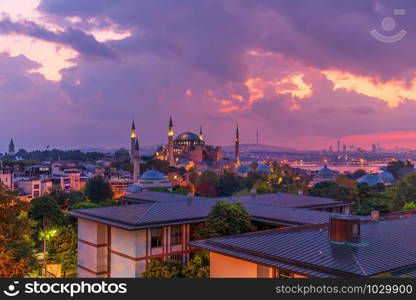 Hagia Sophia, the Bosphorus and the roofs of Istanbul, evening photo.. Hagia Sophia, the Bosphorus and the roofs of Istanbul, evening photo