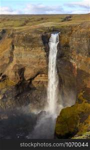 Haifoss waterfall in Iceland - one of the highest waterfall in Iceland, popular tourist destination, beautiful views.