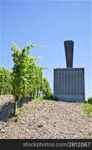Hail cannon in Italian vineyard, Monferrato and Langhe area, Piemonte region.