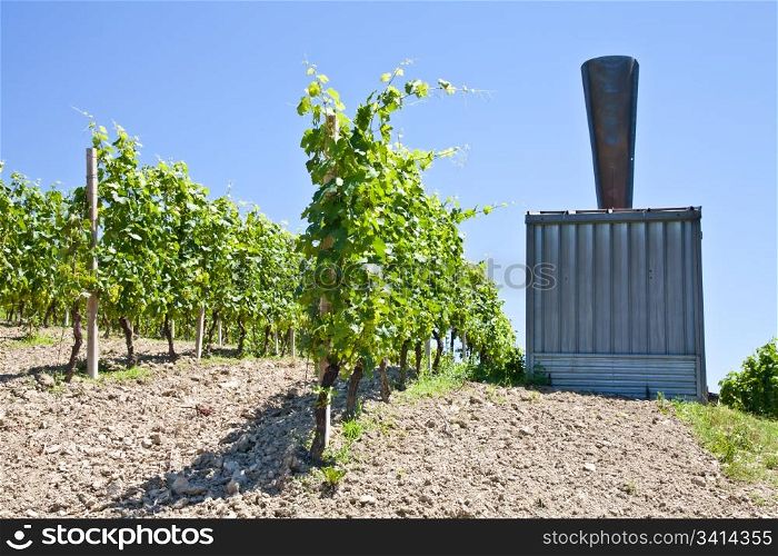 Hail cannon in Italian vineyard, Monferrato and Langhe area, Piemonte region.