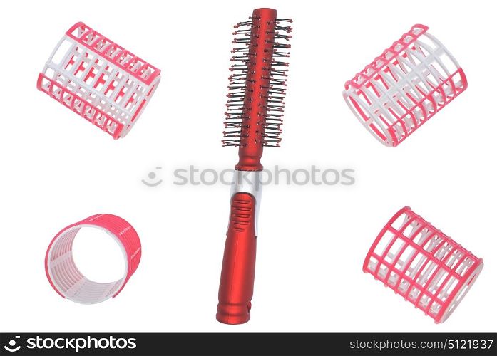 Hair curlers and hairbrush on a white background.