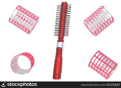 Hair curlers and hairbrush on a white background.