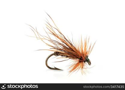 hair dry fly hook and pen for fishing on white background