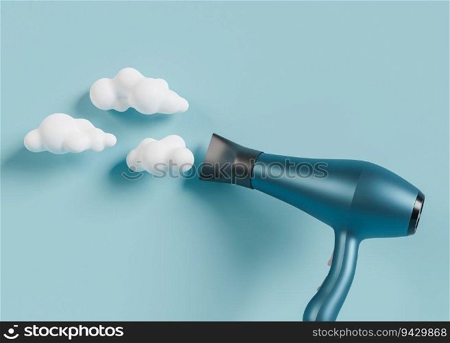 Hair dryer on blue background with white clouds. Professional hair style tool. Realistic hairdryer for hairdresser salon or home usage. Tool for drying hair. 3D render. Hair dryer on blue background with white clouds. Professional hair style tool. Realistic hairdryer for hairdresser salon or home usage. Tool for drying hair. 3D render.