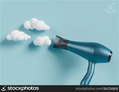 Hair dryer on blue background with white clouds. Professional hair style tool. Realistic hairdryer for hairdresser salon or home usage. Tool for drying hair. 3D render. Hair dryer on blue background with white clouds. Professional hair style tool. Realistic hairdryer for hairdresser salon or home usage. Tool for drying hair. 3D render.