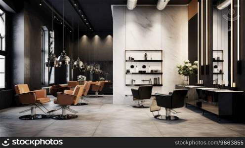 Hair salon in black and white interior with high ceiling.