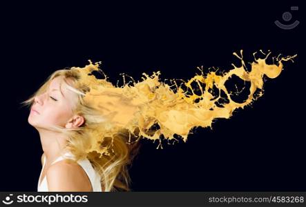 Hair style. Young attractive blond girl with hair in color splashes