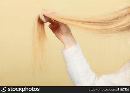 Haircare, choosing best conditioner for tangled hairstyle concept. Blonde woman brushing her hair with comb. Blonde woman brushing her hair with comb