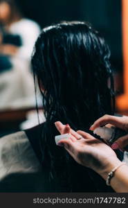 Hairdresser applying revitalizing oil drops on woman’s long black hair   . Hairstylist Applying Revitalizing Oil Drops on Woman’s Hair 