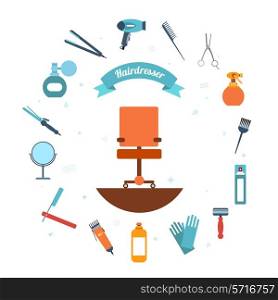 Hairdresser decorative set with beauty haircut accessories and equipment with hairstylist chair in the middle vector illustration