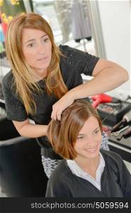 hairdresser holding up customer&rsquo;s hair