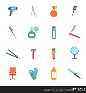 Hairdresser styling accessories professional haircut flat icon set with hair-dryer scissors spray brush isolated vector illustration
