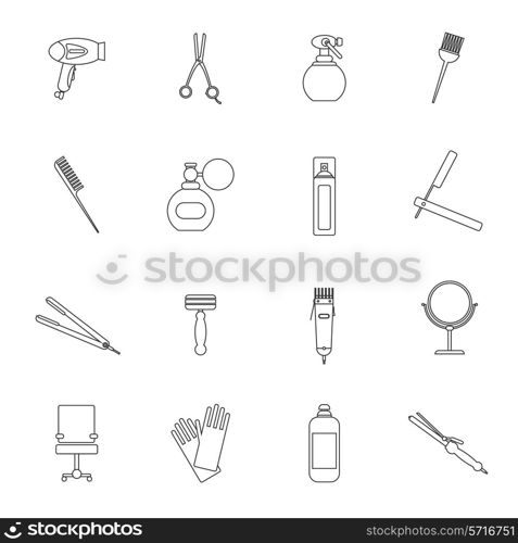 Hairdresser styling profession kit outline icon set with comb shampoo curler isolated vector illustration.
