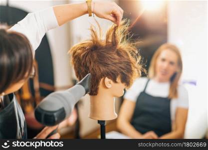 Hairdresser with the Hair Dryer in Hands Teaching Students How to do Hairstyling