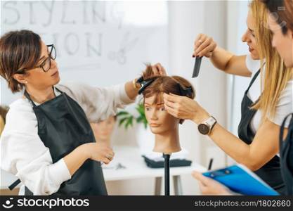 Hairdressers Training with Mannequin Head in Education Center. Professional female hairdresser teaching adult students haircutting technique.. Hairdressers Training with Mannequin Head in Education Center