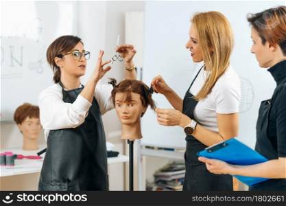 Hairdressers Training with Mannequin Head in Education Center. Professional female hairdresser teaching adult students haircutting technique.. Hairdressers Training with Mannequin Head in Education Center