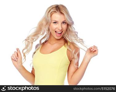 hairstyle and people concept - happy smiling beautiful young woman with blonde hair. happy smiling young woman with blonde hair
