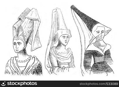 Hairstyles from a manuscript of the fifteenth century, vintage engraved illustration. Magasin Pittoresque 1852.