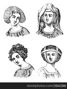 Hairstyles Women, 1315-1320, vintage engraved illustration. Colorful History of England, 1837.