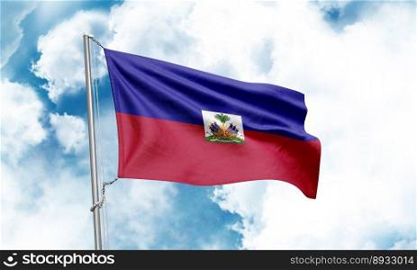 Haiti flag waving on sky background. 3D Rendering