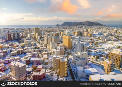 Hakodate city downtown skyline cityscape of Japan in winter 